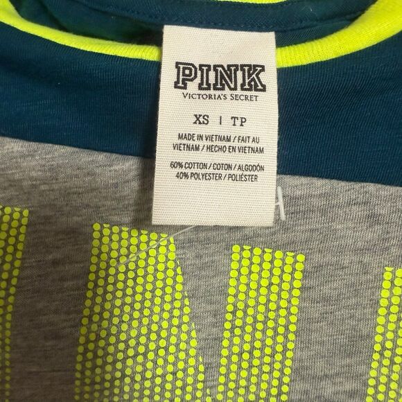 Victoria’s Secret PINK Long Sleeve Varsity Tee Gray Teal Neon Yellow XS - Picture 8 of 10